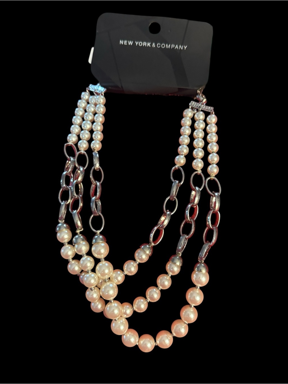 New York & Company multi-strand faux pearl and silver-tone chain necklace NWT
